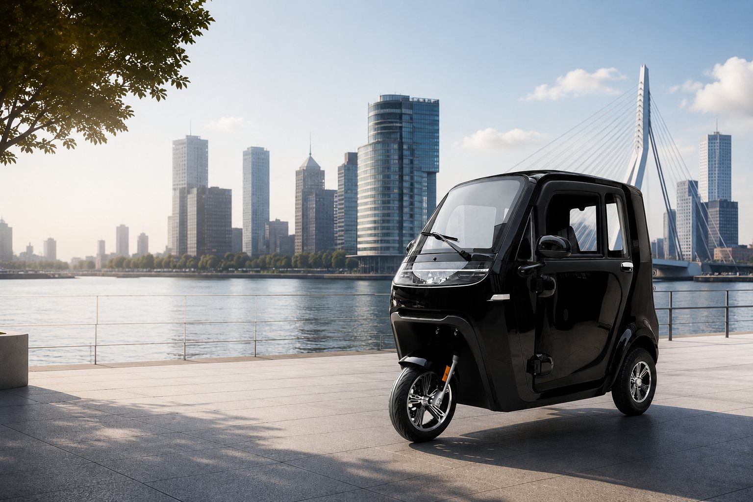 Striker Sway aan de kade met de skyline van Rotterdam